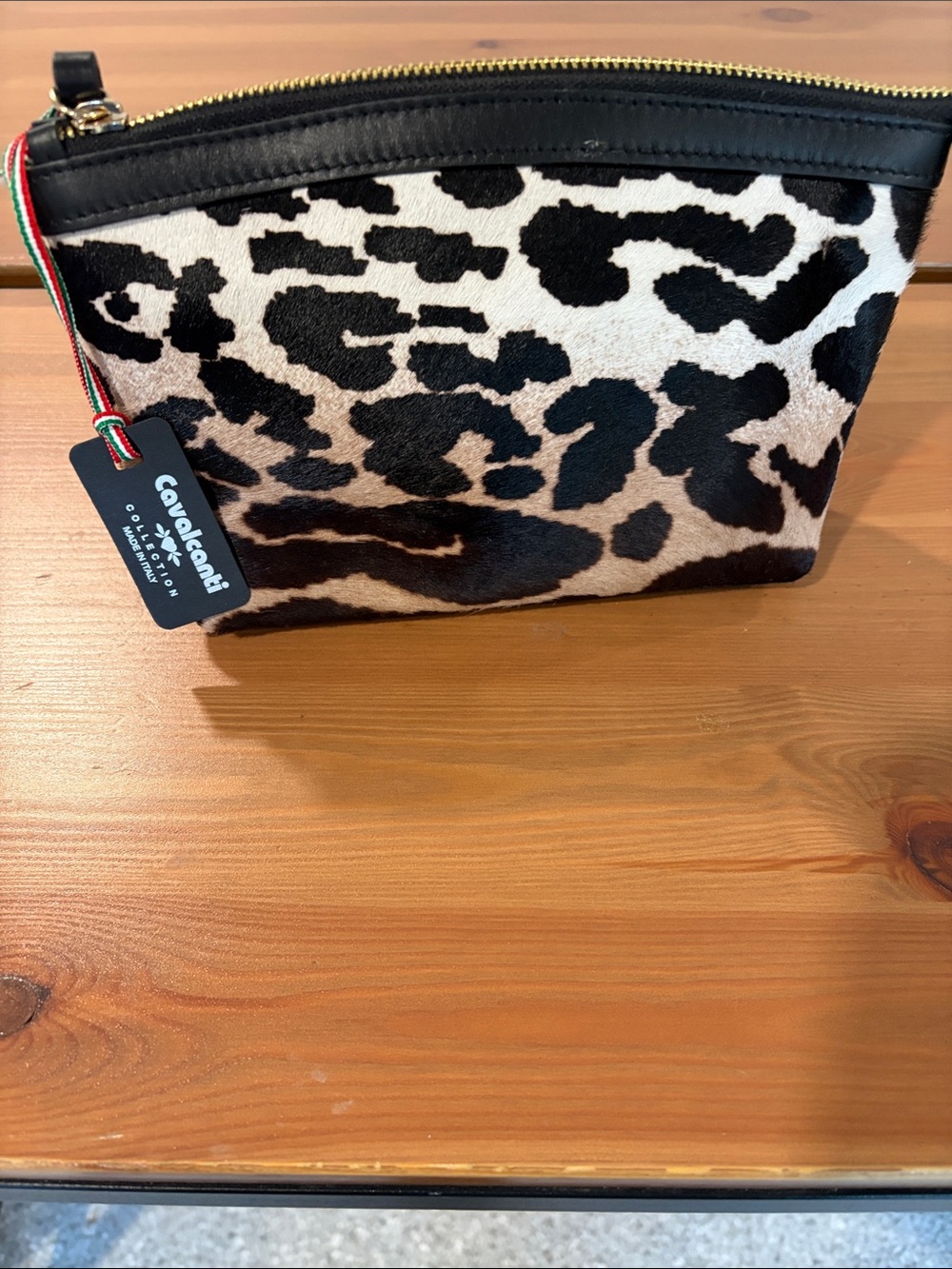 NWT Cavalcanti Black & White Leopard Print Italian Leather Wristlet Clutch